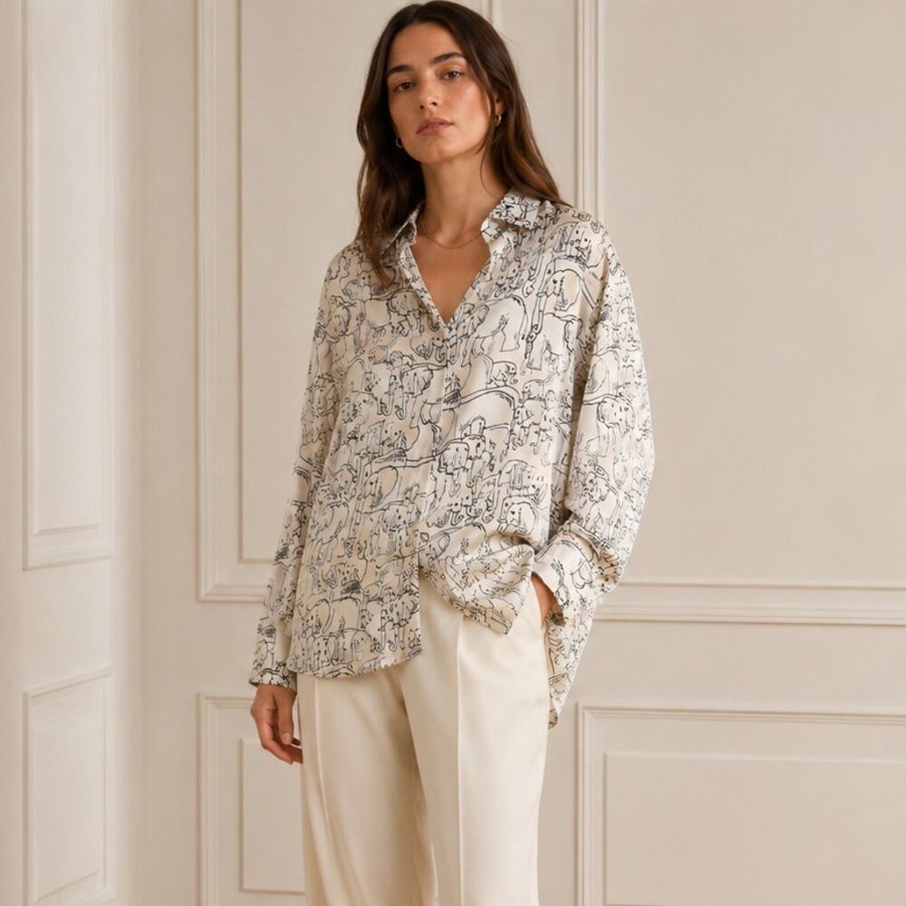 Zara Shirt Womens S Cream Print Elephant Oversized Tunic Button-up Long
